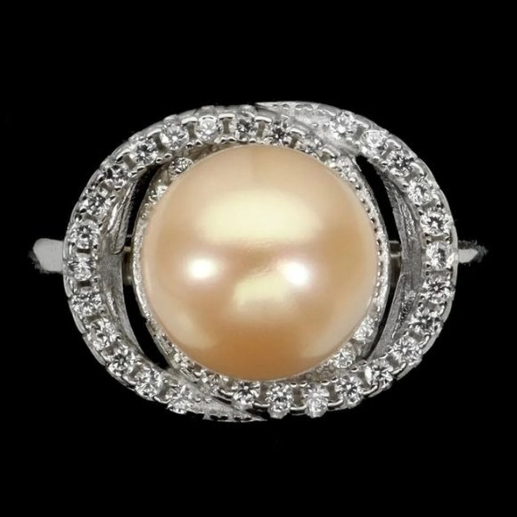 Natural Round Creamy Pearl 10mm Cz 925 Sterling Silver Ring Sz 775 48$